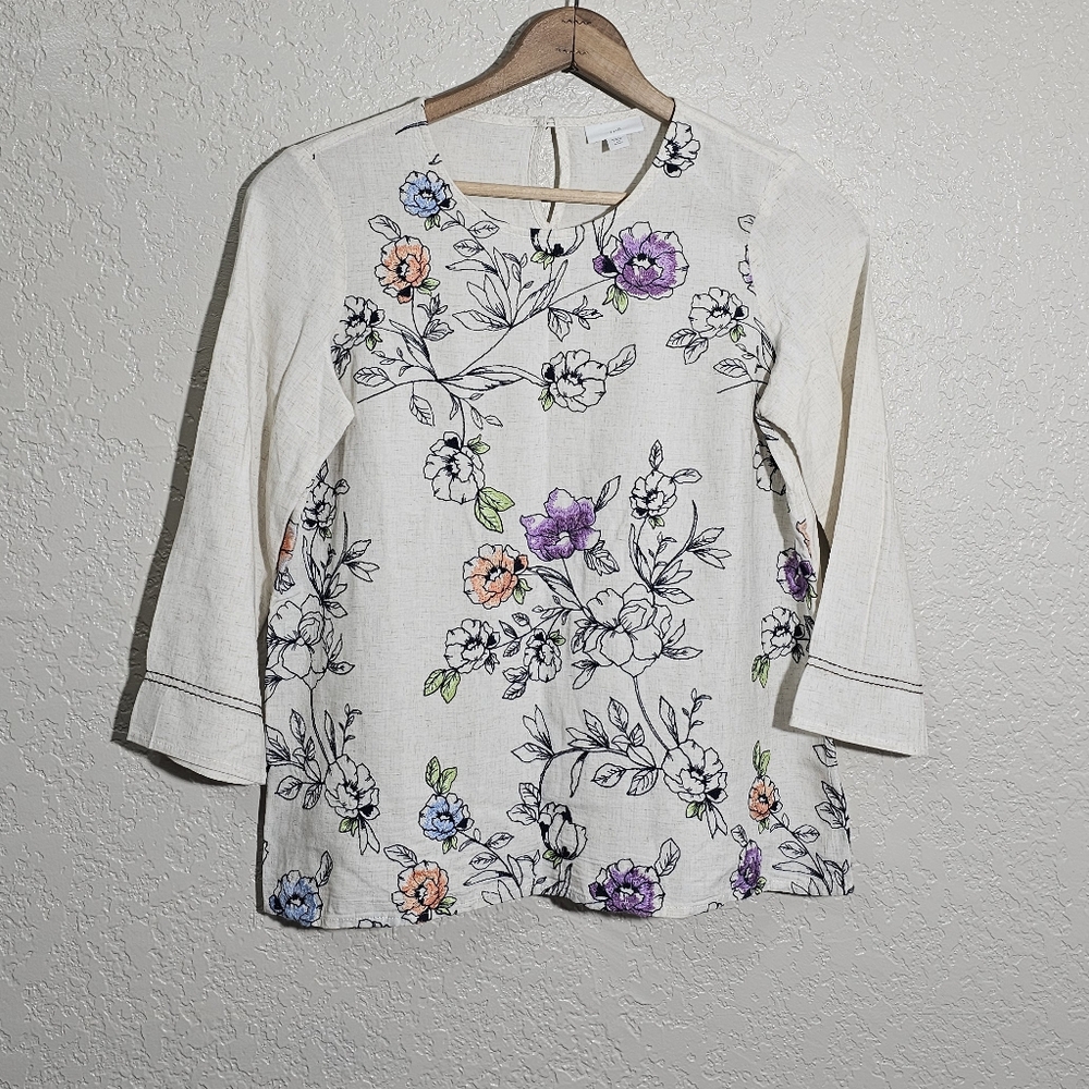 J. Jill Linen Blend Floral Embroidered Top